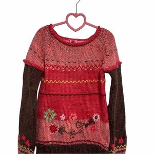 2 for $20 Deux par Deux Pink and Brown Knitted Floral Sweater with Accents
